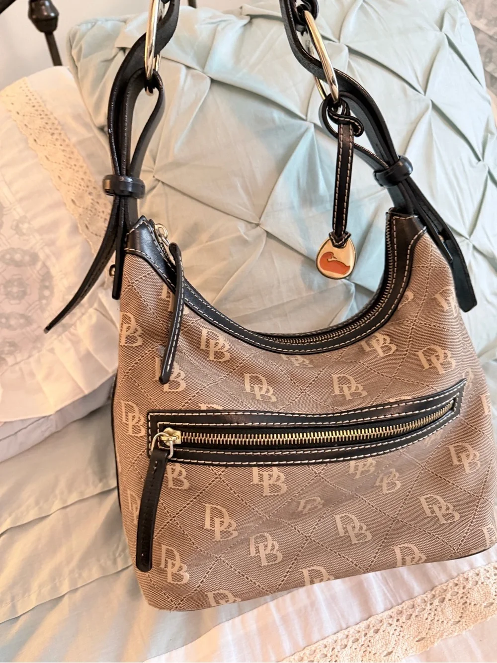 Dooney & Bourke Tan Monogram Shoulder Bag with Black Trim
